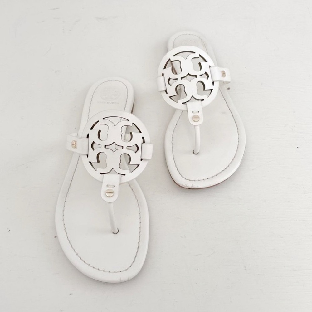 Tory Burch Ivory White Leather Miller Logo Flat Flip Flop Thong Sandals Size 9
